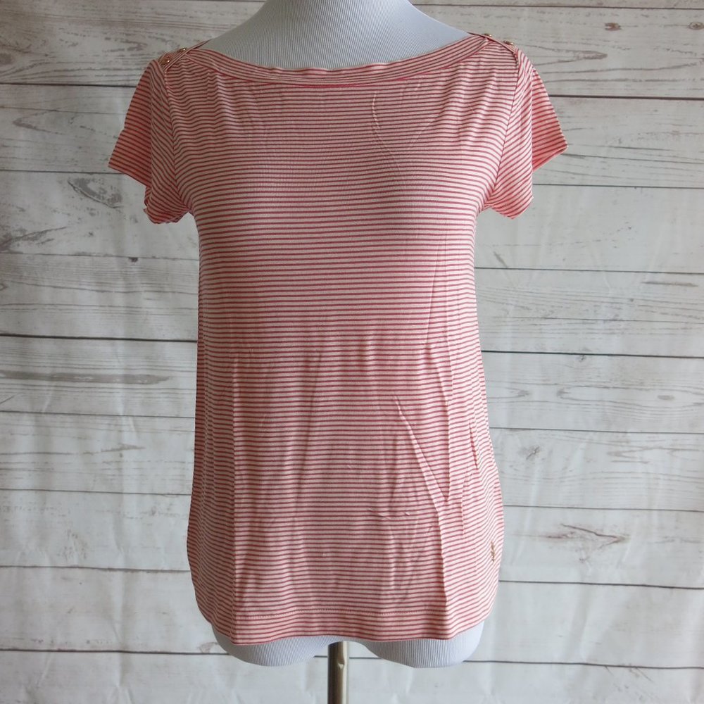 Juicy Couture Beige Orange Stripe Boat Neck Cap Sleeve Top Blouse - Size XS
